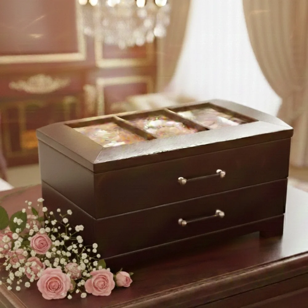Vintage Dark Wood Jewelry Box 2-Drawer Glass Lid Trinket Organizer Picture Frame